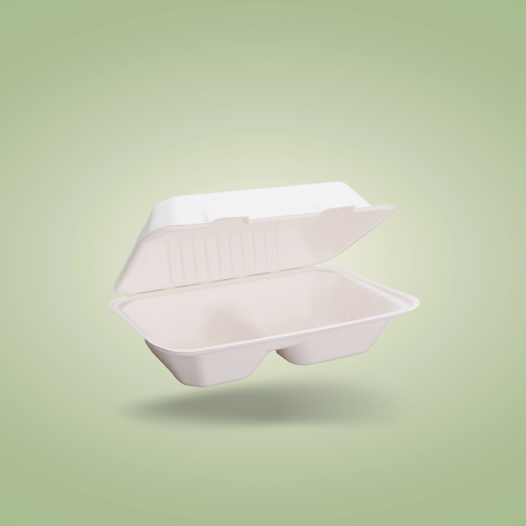 2 Compartments Clamshell Bagasse Food Takeaway Containers - 9″ x 6″