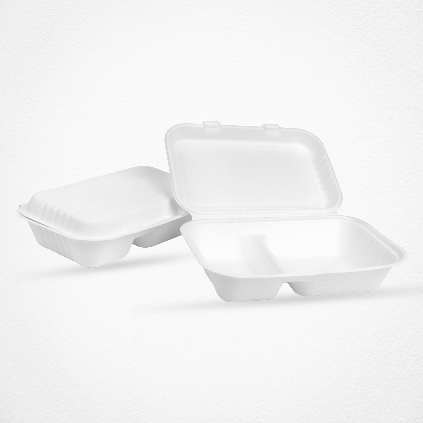 2 Compartments Clamshell Bagasse Food Takeaway Containers -  9″ x 6″
