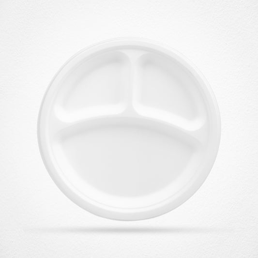 3 Compartment Sugarcane Fiber Disposable Plates White - 9" (23cm)