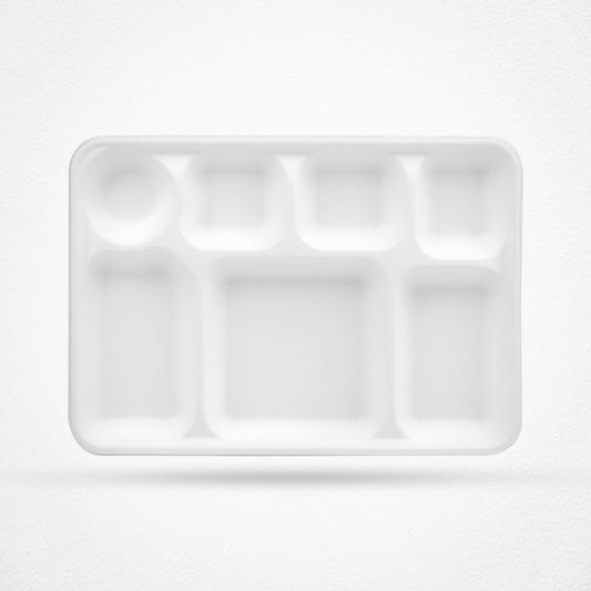 7 Compartment Sugarcane Fibre Disposable Plates White 33x23x2.7cm