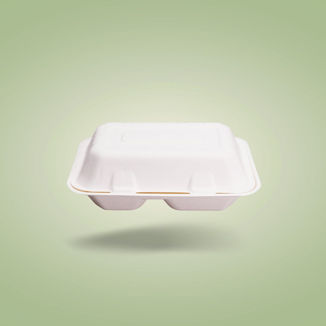 2 Compartments Clamshell Bagasse Food Takeaway Containers - 9″ x 6″