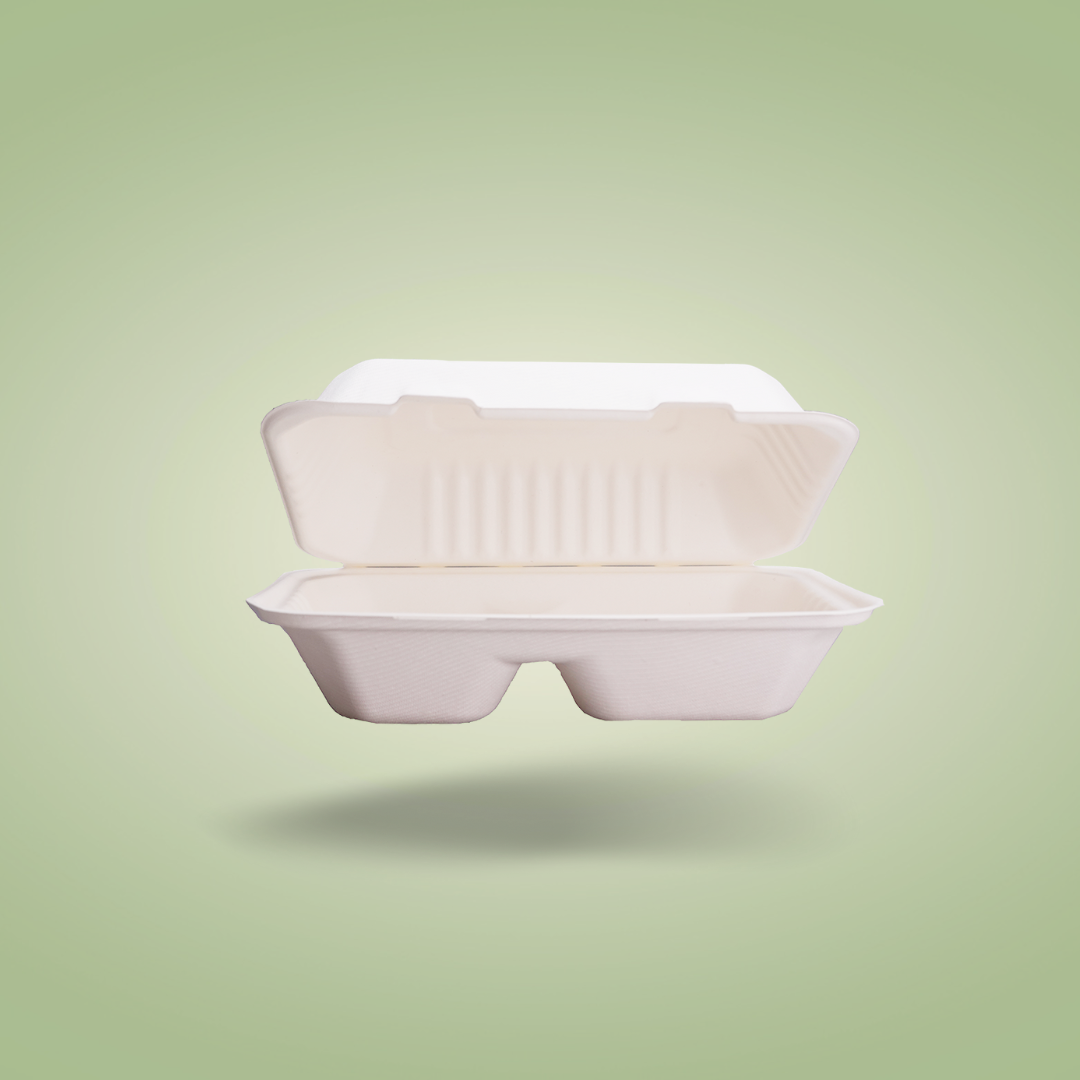 2 Compartments Clamshell Bagasse Food Takeaway Containers - 9″ x 6″