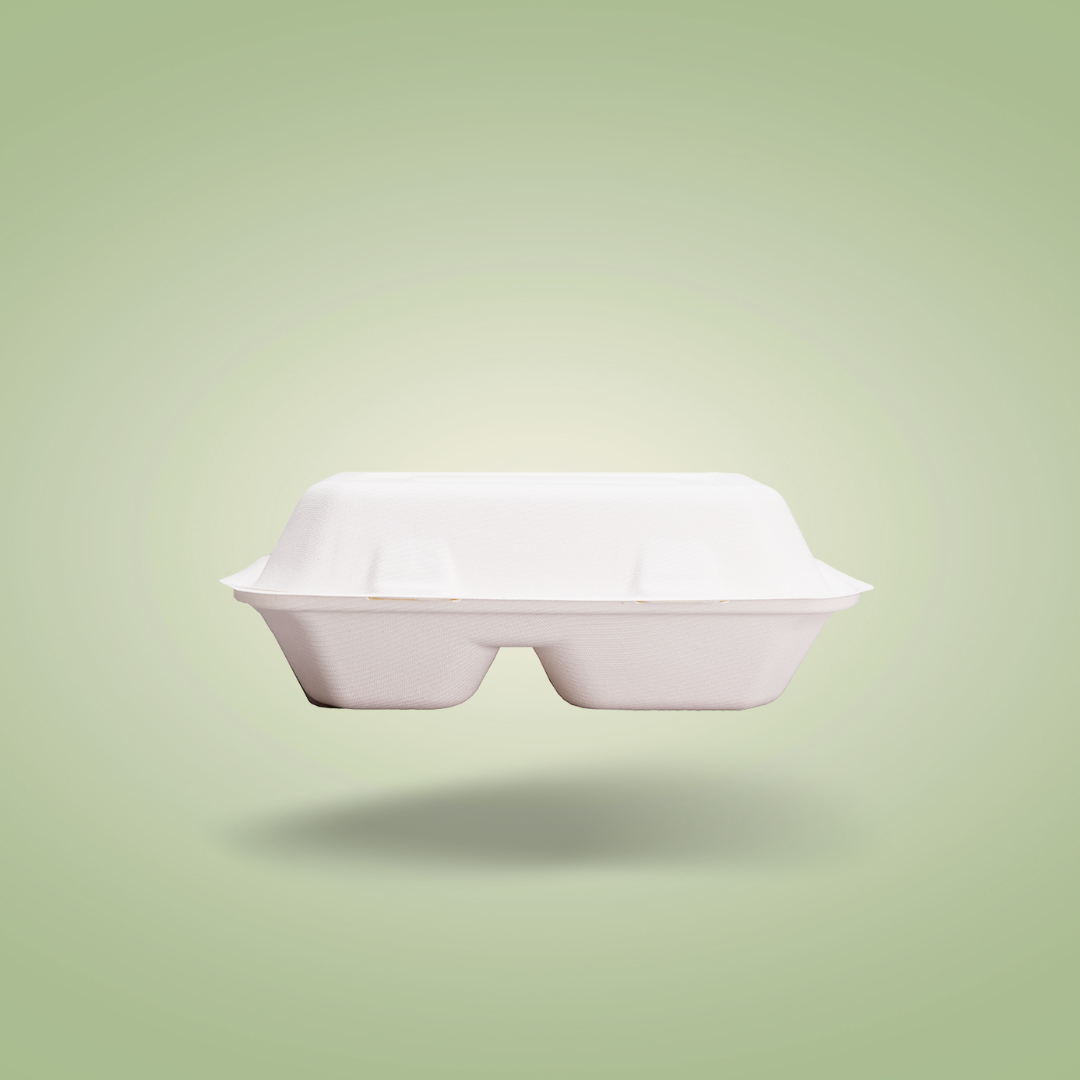 2 Compartments Clamshell Bagasse Food Takeaway Containers - 9″ x 6″