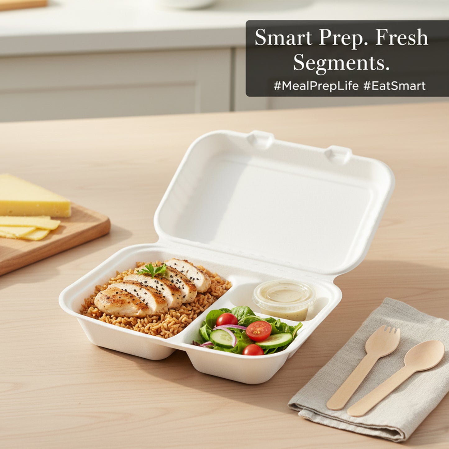 2 Compartments Clamshell Bagasse Food Takeaway Containers -  9″ x 6″