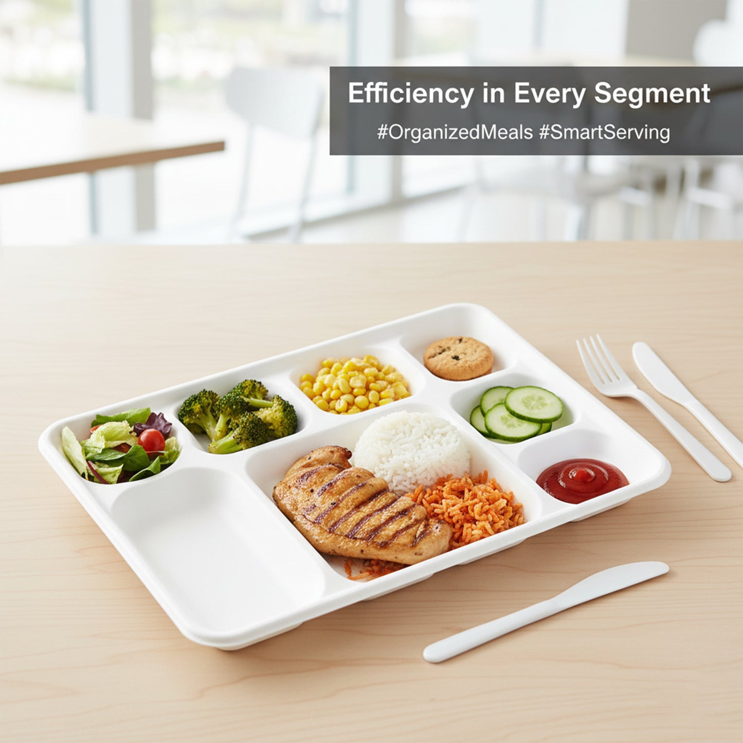 7 Compartment Sugarcane Fibre Disposable Plates White 33x23x2.7cm