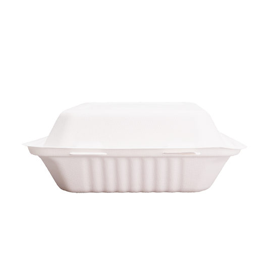 Disposable Clamshell Boxes 8″ x 8″ - Bagasse Food Containers - Pack of 100