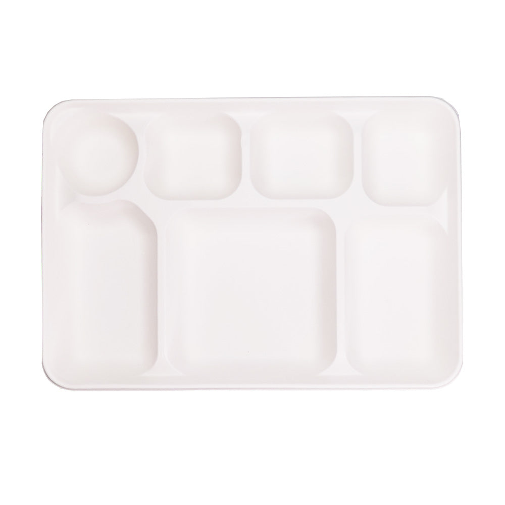 7 Compartment Sugarcane Fibre Disposable Plates White 33x23x2.7cm