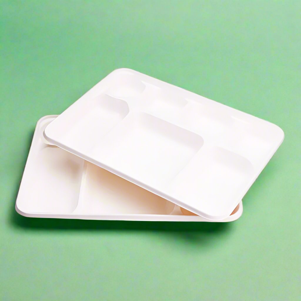 7 Compartment Sugarcane Fibre Disposable Plates White 33x23x2.7cm