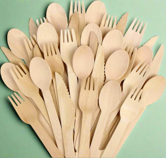 Disposable Wooden Cutlery Set - Spoons, Forks & Knives (Pack of 100 each)