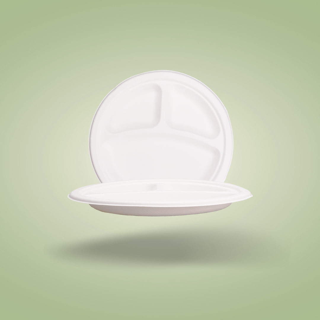 3 Compartment Sugarcane Fiber Disposable Plates White - 9" (23cm)