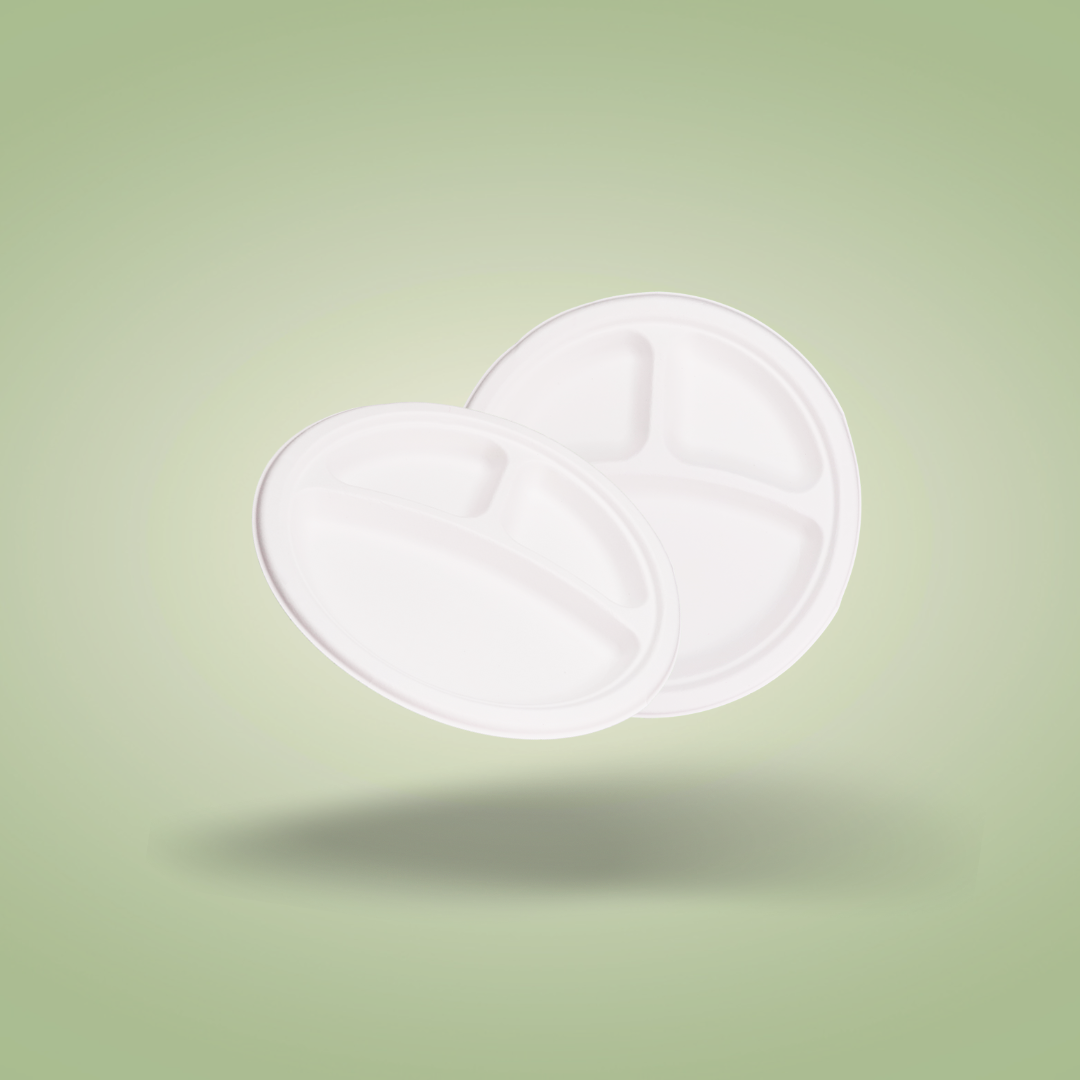 3 Compartment Sugarcane Fiber Disposable Plates White - 9" (23cm)