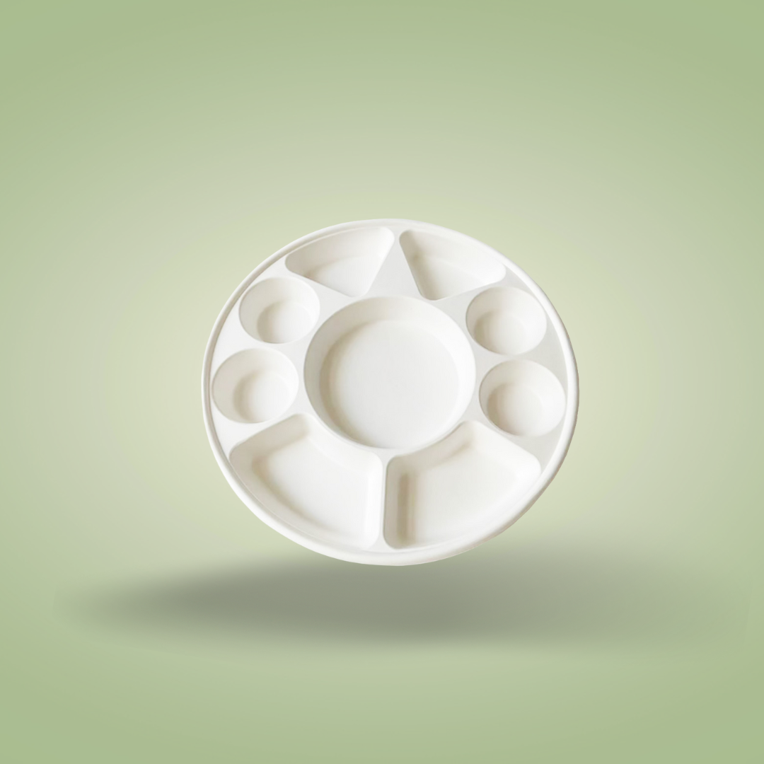 9 Compartment Sugarcane Fiber Disposable White Plates - 320x320mm