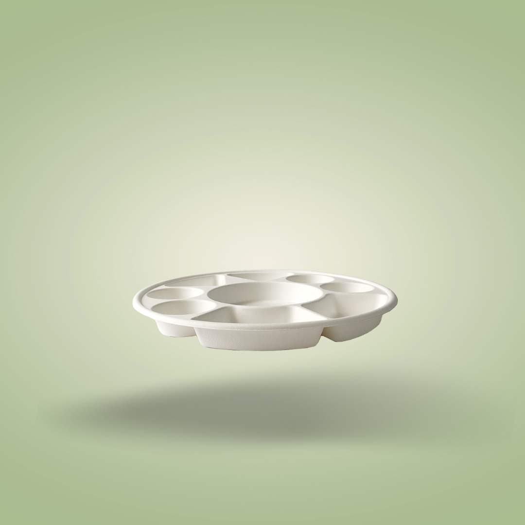 9 Compartment Sugarcane Fiber Disposable White Plates - 320x320mm