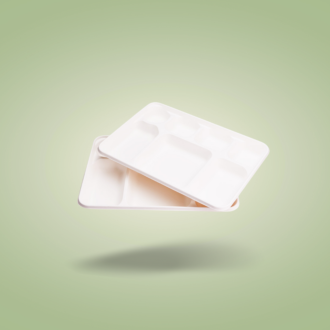 7 Compartment Sugarcane Fibre Disposable Plates White 33x23x2.7cm