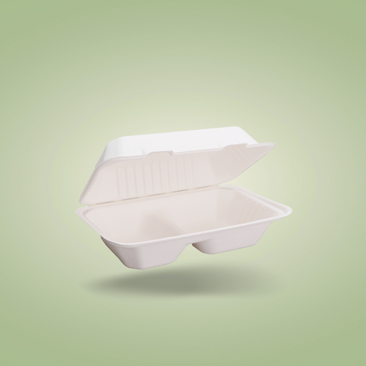 2 Compartments Clamshell Bagasse Food Takeaway Containers -  9″ x 6″