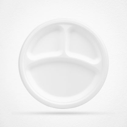 3 Compartment Sugarcane Fiber Disposable Plates White - 9" (23cm)