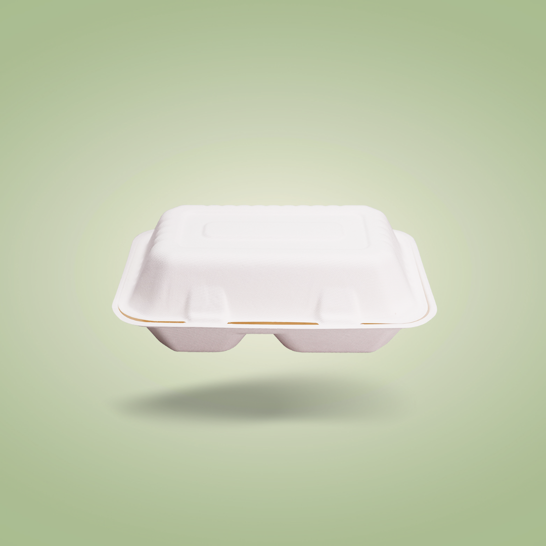 2 Compartments Clamshell Bagasse Food Takeaway Containers -  9″ x 6″