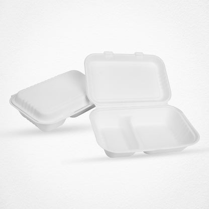2 Compartments Clamshell Bagasse Food Takeaway Containers -  9″ x 6″
