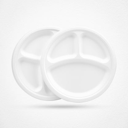3 Compartment Sugarcane Fiber Disposable Plates White - 9" (23cm)