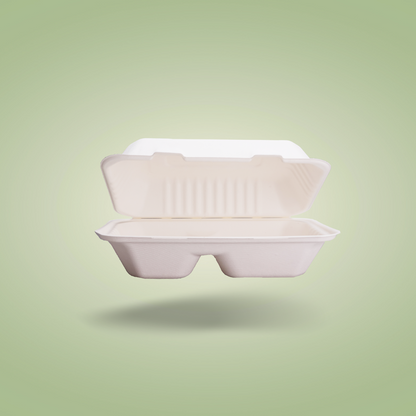 2 Compartments Clamshell Bagasse Food Takeaway Containers -  9″ x 6″