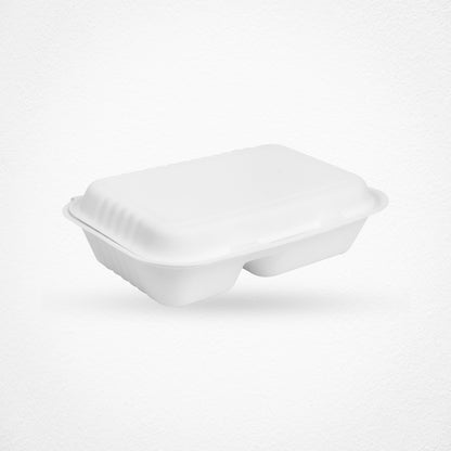 2 Compartments Clamshell Bagasse Food Takeaway Containers -  9″ x 6″