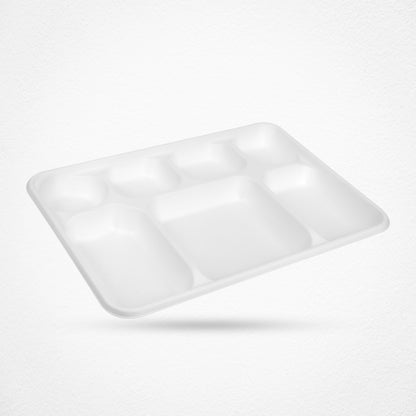 7 Compartment Sugarcane Fiber Disposable Plates White 33x23x2.7cm (Pack of 125)