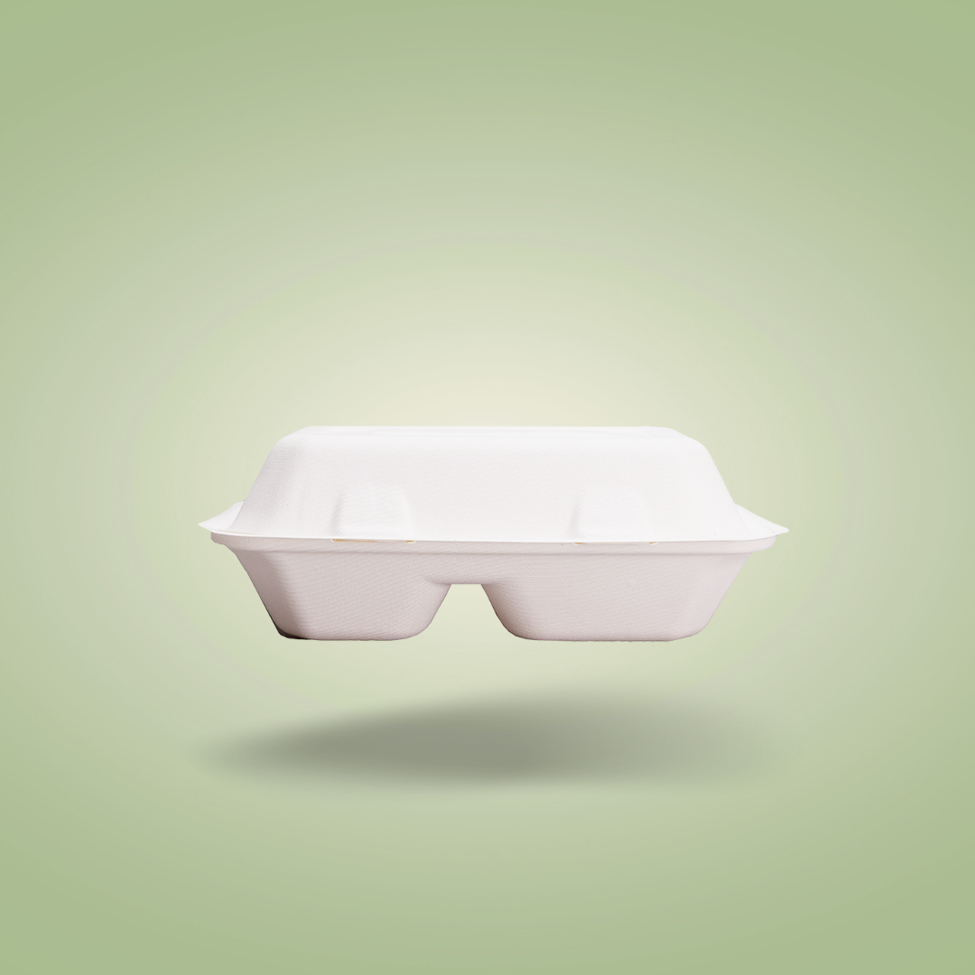 2 Compartments Clamshell Bagasse Food Takeaway Containers -  9″ x 6″