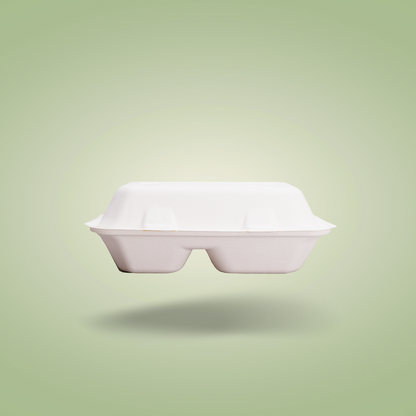 2 Compartments Clamshell Bagasse Food Takeaway Containers -  9″ x 6″