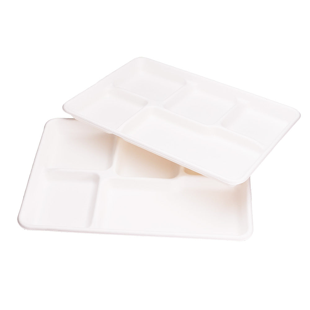 EcoFlavour Rectangular Bagasse Plates 5 Compartments – (Pack of 125 Plates)