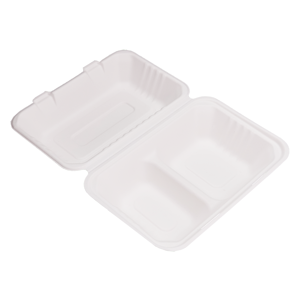 2 Compartments Clamshell Bagasse Food Takeaway Containers -  9″ x 6″