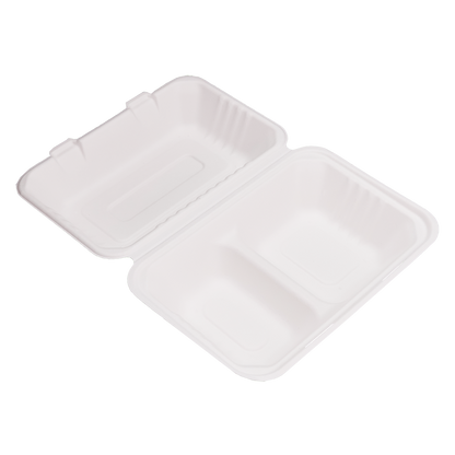 2 Compartments Clamshell Bagasse Food Takeaway Containers -  9″ x 6″