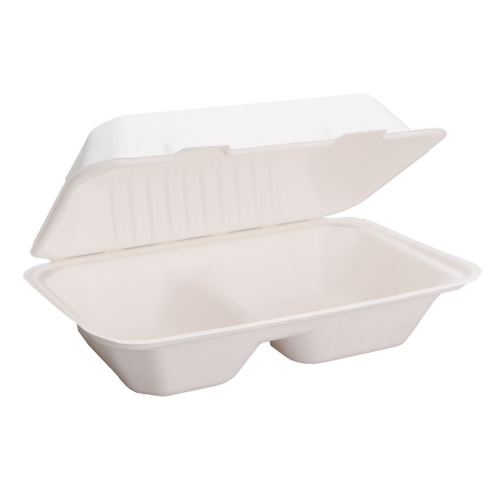 2 Compartments Clamshell Bagasse Food Takeaway Containers -  9″ x 6″