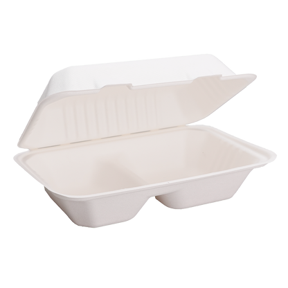 2 Compartments Clamshell Bagasse Food Takeaway Containers -  9″ x 6″