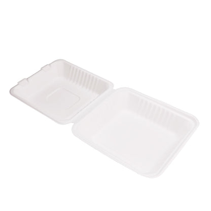 Disposable Clamshell Boxes 8″ x 8″ - Bagasse Food Containers - Pack of 100