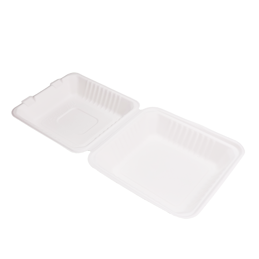 Disposable Clamshell Boxes 8″ x 8″ - Bagasse Food Containers - Pack of 100