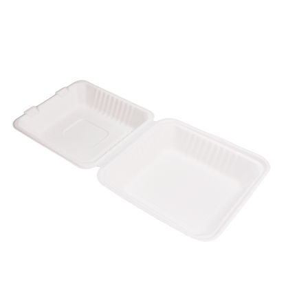 Disposable Clamshell Boxes 8″ x 8″ - Bagasse Food Containers - Pack of 100