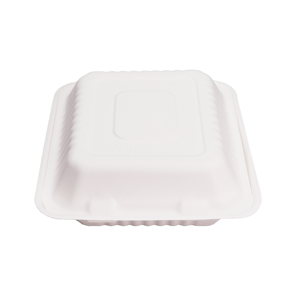 Disposable Clamshell Boxes 8″ x 8″ - Bagasse Food Containers - Pack of 100