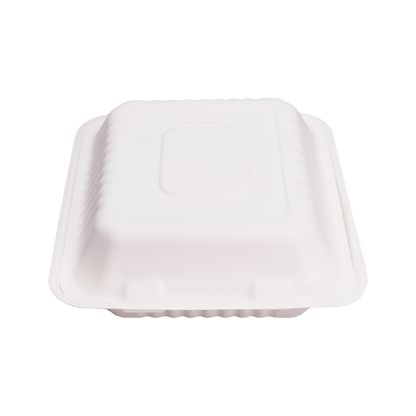 Disposable Clamshell Boxes 8″ x 8″ - Bagasse Food Containers - Pack of 100