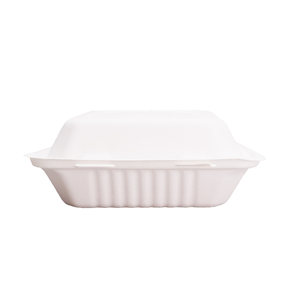 Disposable Clamshell Boxes 8″ x 8″ - Bagasse Food Containers - Pack of 100