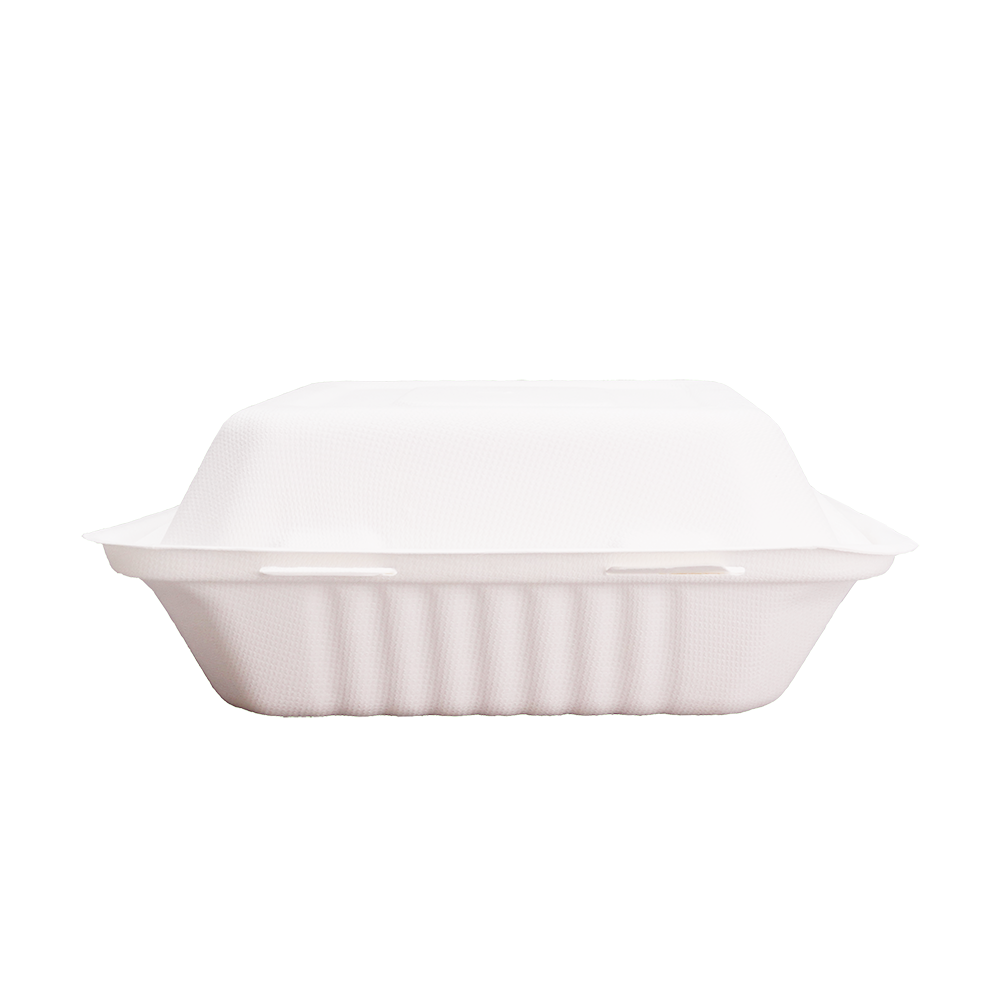 Disposable Clamshell Boxes 8″ x 8″ - Bagasse Food Containers - Pack of 100