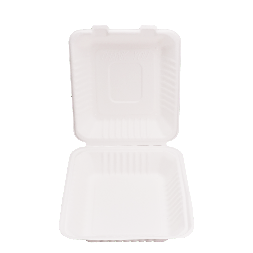 Disposable Clamshell Boxes 8″ x 8″ - Bagasse Food Containers - Pack of 100