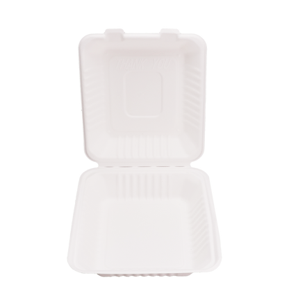 Disposable Clamshell Boxes 8″ x 8″ - Bagasse Food Containers - Pack of 100