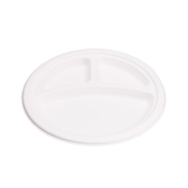 3 Compartment Sugarcane Fiber Disposable Plates White - 9" (23cm)