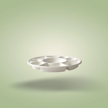 9 Compartment Sugarcane Fiber Disposable White Plates - 320x320mm