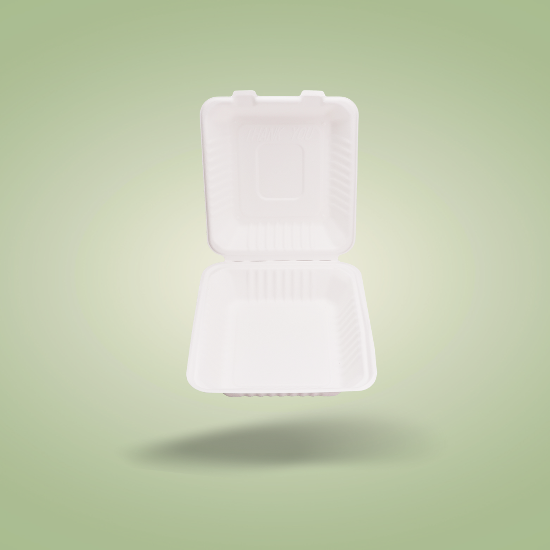 Disposable Clamshell Boxes 8″ x 8″ - Bagasse Food Containers - Pack of 100