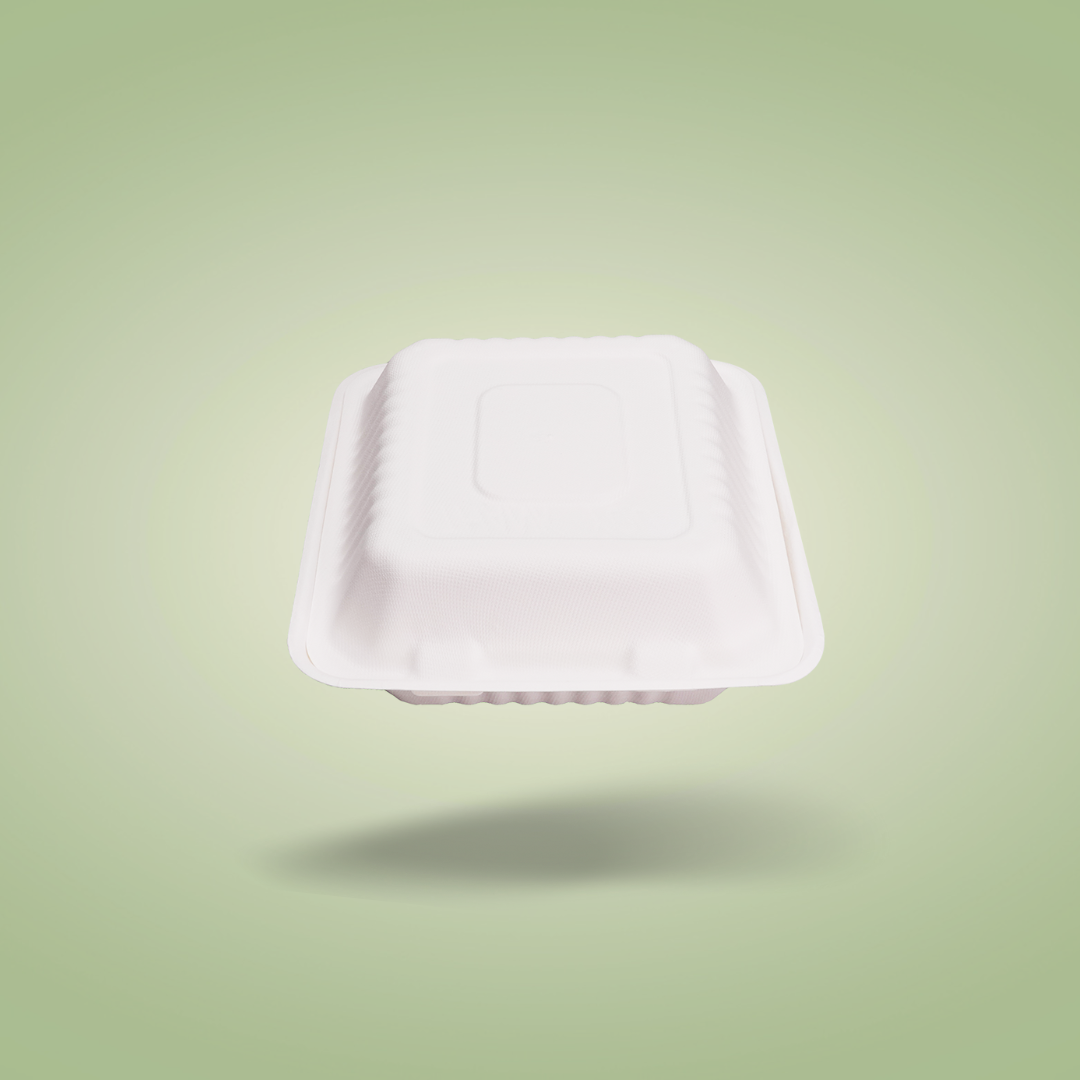 Disposable Clamshell Boxes 8″ x 8″ - Bagasse Food Containers - Pack of 100