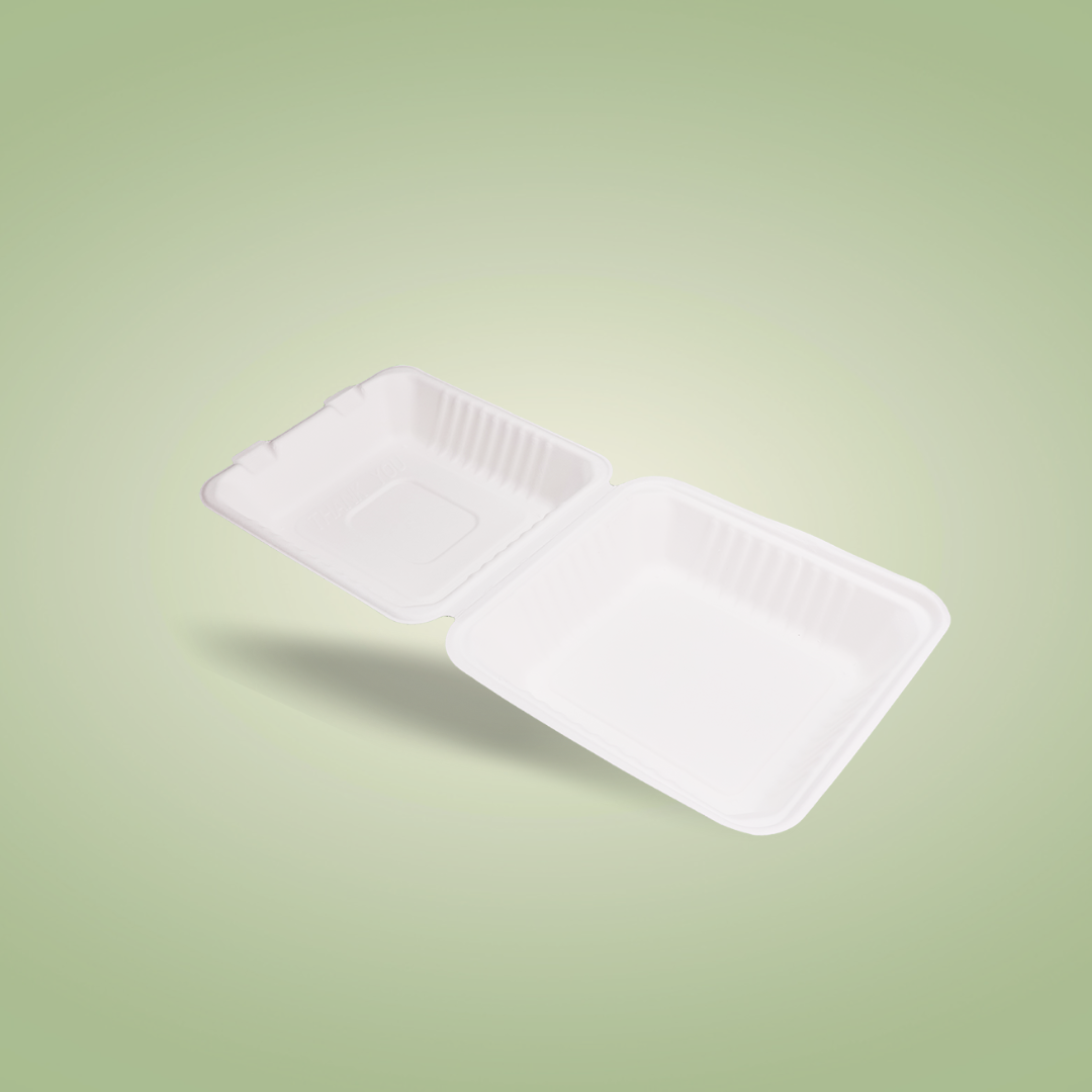 Disposable Clamshell Boxes 8″ x 8″ - Bagasse Food Containers - Pack of 100